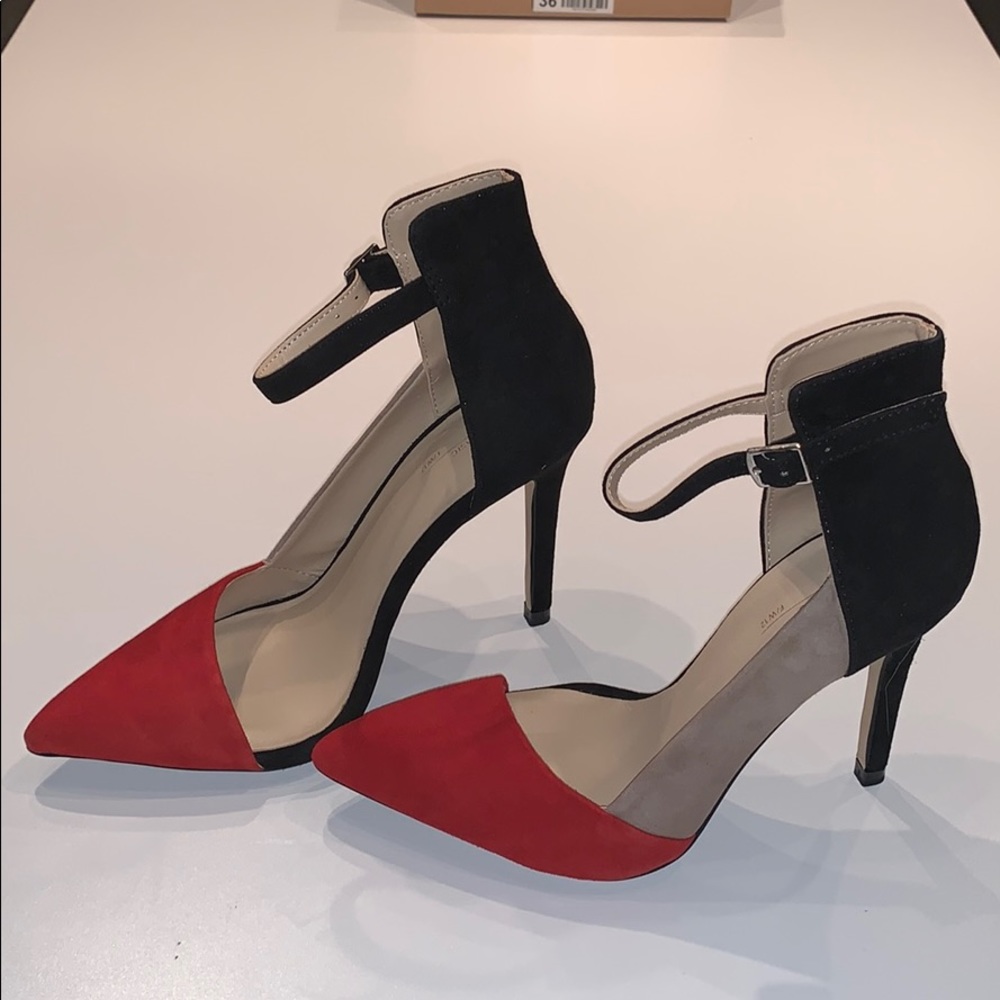 Zara Two-Tone Red and Black Pointed Toe Ankle Strap Heels
